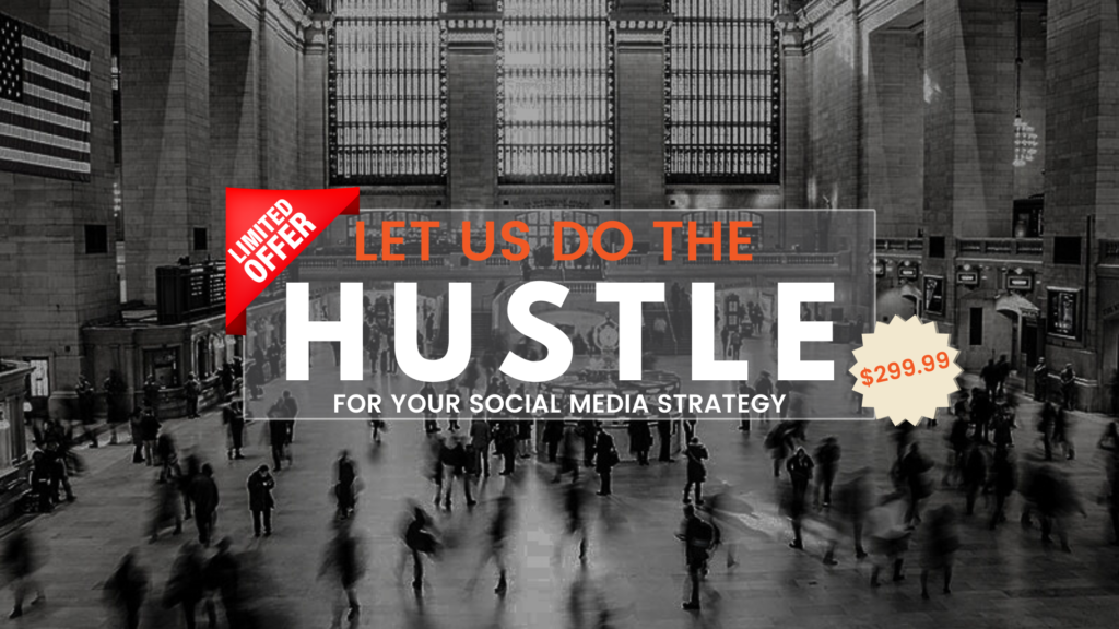 black and white image of train station and text that spells hustle